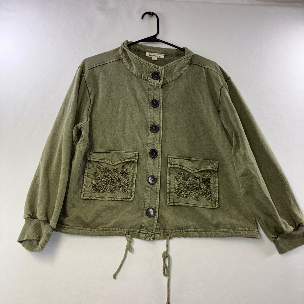 520 Boho Solitaire Embroidered Utility Jacket L Olive Green Floral Button Up